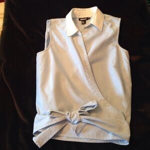 DKNY wrap dress shirt in light denim blue with white collar Size 14 100% cotton